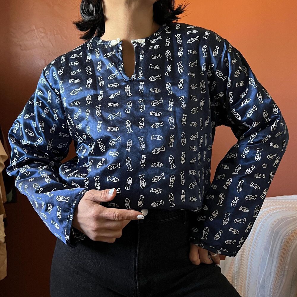 quilted fish print long sleeve blouse blue and white small‎ medium Undercover